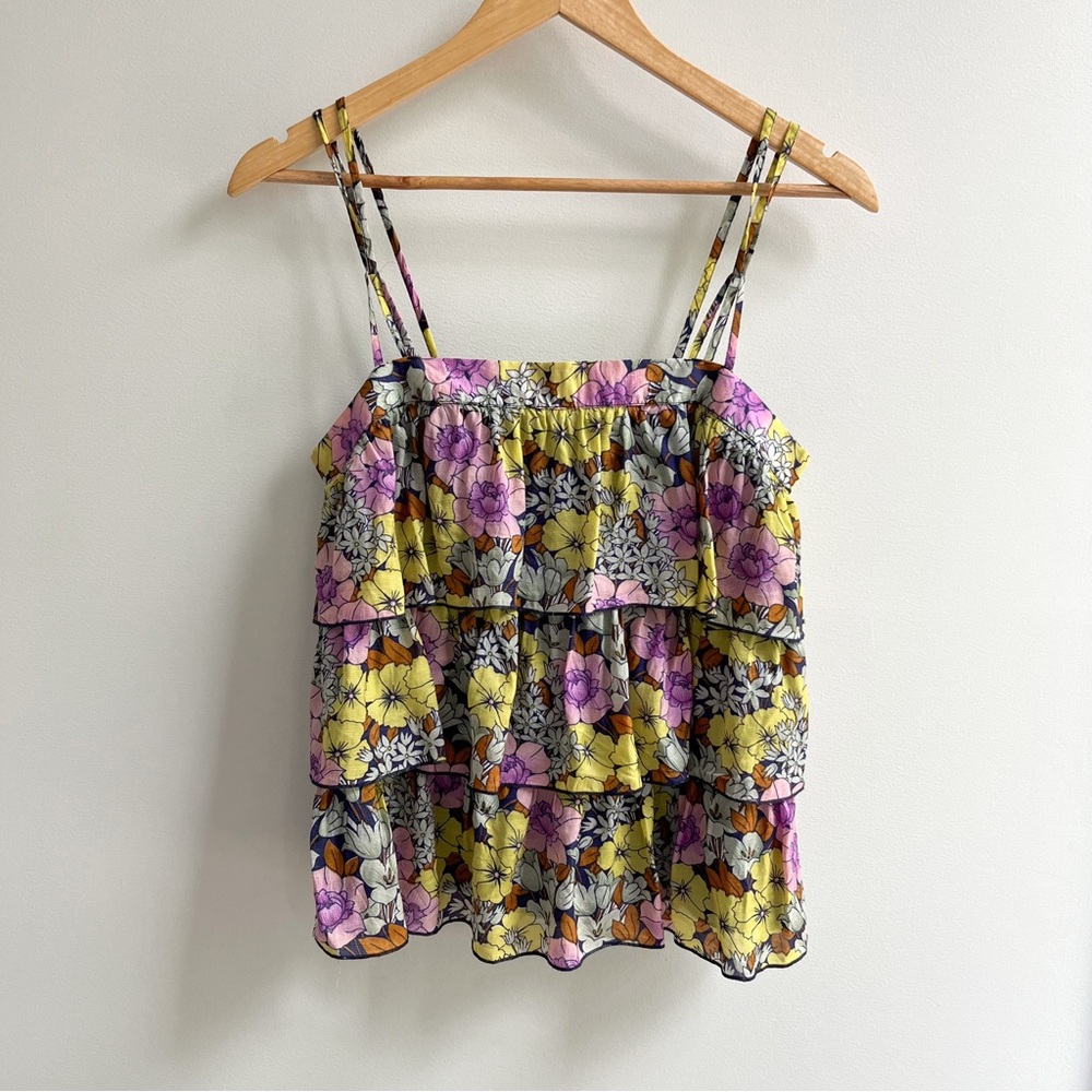 Anthropologie Leifnotes Tiered Ruffle Floral Print Twist Strap Tank Top Lime 4